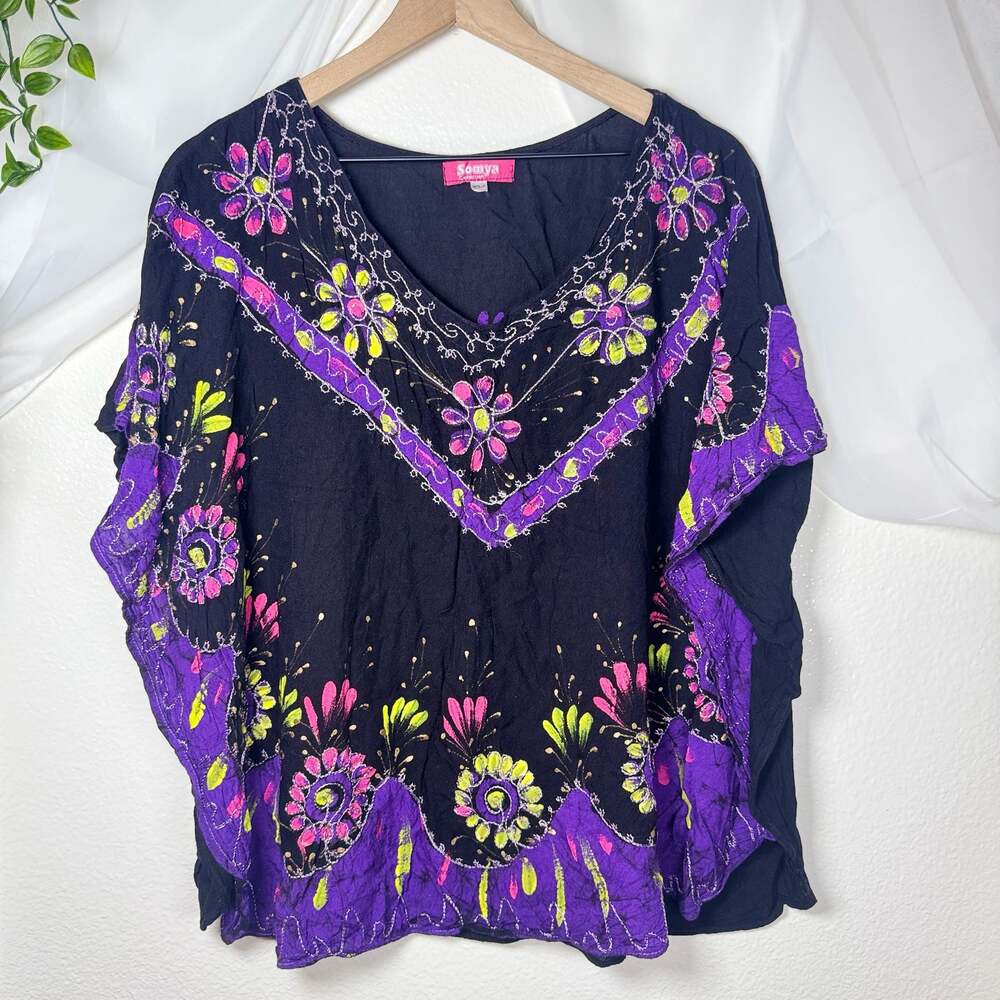 Somya Collection Boho Floral Embroidered Batik Poncho Tunic Top